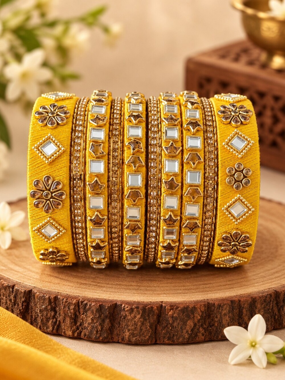 Yellow Thread Mirror Work Bangle Set - Size 2.8
